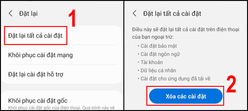 Đặt lại tất cả cài đặt không làm mất dữ liệu